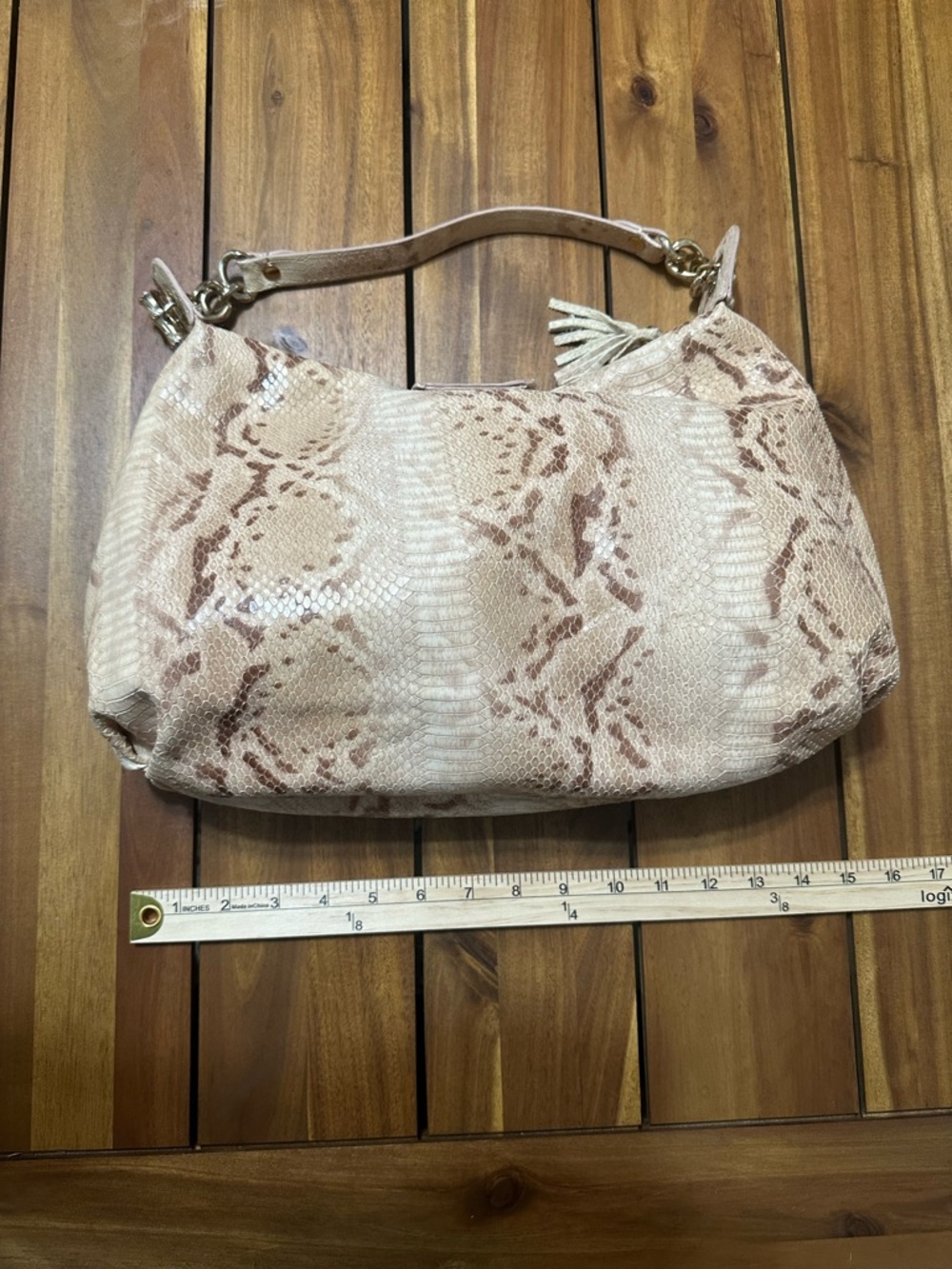 Elaine Turner Beige Leather Snake-Print Shoulder Bag with Gold Ring - Picture 2 of 10